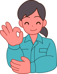 作業服を着た笑顔でOKする笑顔のデフォルメ女性のイラスト