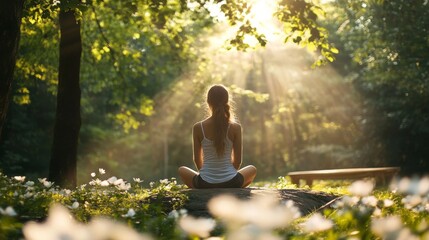 Woman Meditating for Mental Health and Self Care in a Serene Natural Environment:  Title