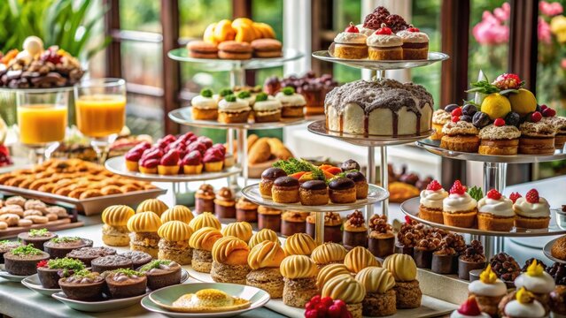 Decadent dessert buffet display with a variety of pastries and sweet treats for catering event , Desserts, buffet