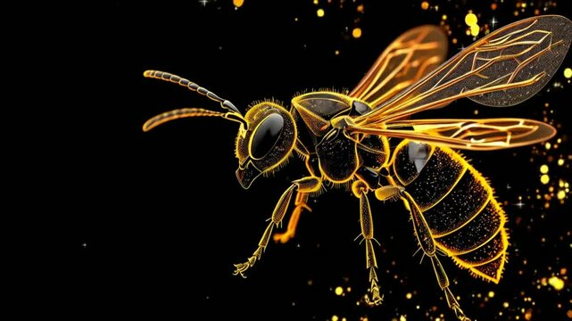 Bug, insect, nature, wasp Icon Sparks Glitter Particles on Black Background. Shape, Design, Text, Element, Symbol Alpha Channel 4K Loop.