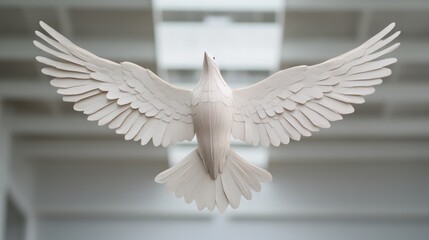 Obraz premium Intricate White Bird Sculpture Featuring Detailed Feather Texture and Outstretched Wings for Art and Design Projects in Modern Spaces