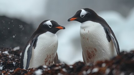 Obraz premium Gentoo penguins confront chinstrap penguins on a remote island, symbolizing the struggle for survival in Antarctica
