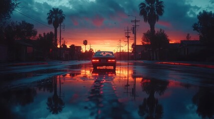 Fototapeta premium Moody sunset reflection on a deserted urban street