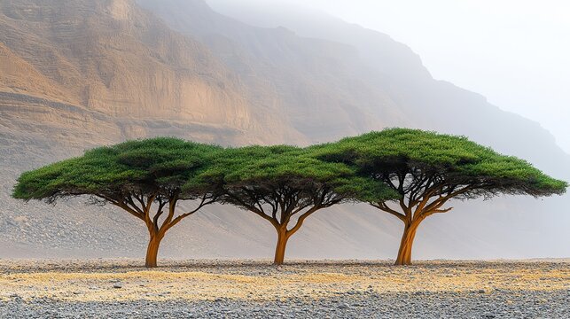 Ghaf trees, the only ones able to survive the harsh desert conditions, dot the landscape