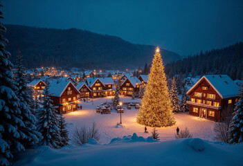Fototapeta premium A snowy village at night with warm golden lights glowing from every house and a giant decorated Christmas tree