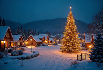 Fototapeta premium A snowy village at night with warm golden lights glowing from every house and a giant decorated Christmas tree