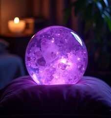 Glowing purple crystal ball on cushion in dark room