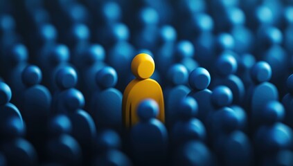 Obraz premium One Yellow Figure Stands Out Among a Crowd of Blue Figures: Unique Individuality, Bold Contrast