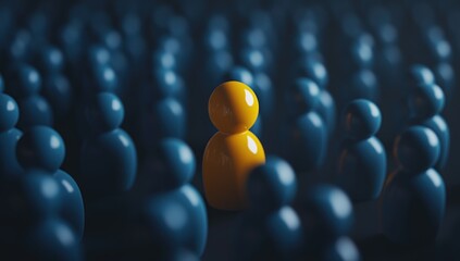 Fototapeta premium One Yellow Figure Stands Out Among Many Blue Figures in a Crowd, Illustrating Uniqueness and Individuality.