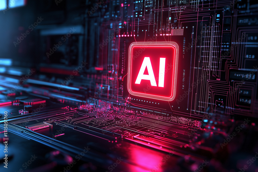 Poster Artificial intelligence chip glowing on motherboard, showing machine learning and ai development