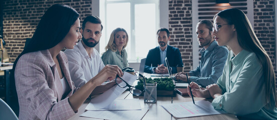 Group of professional business career collars sit table desk gather staff seminar decide crisis...