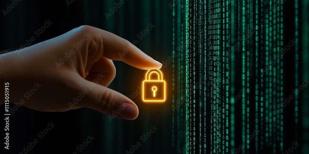 Fototapete Programmer securing data with digital lock and binary code background