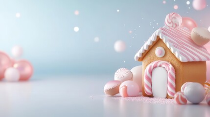 Gingerbread house with pink and white candy decorations on a blue background.
