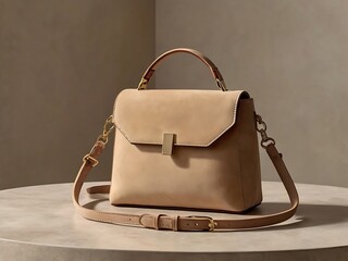 Elegant Beige Leather Handbag with Shoulder Strap