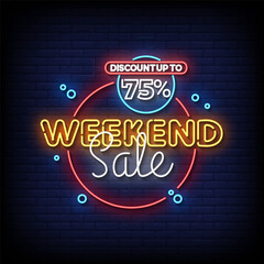 weekend sale neon style vector with brick wall background