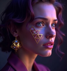 Woman with geometric face art and earrings in purple light