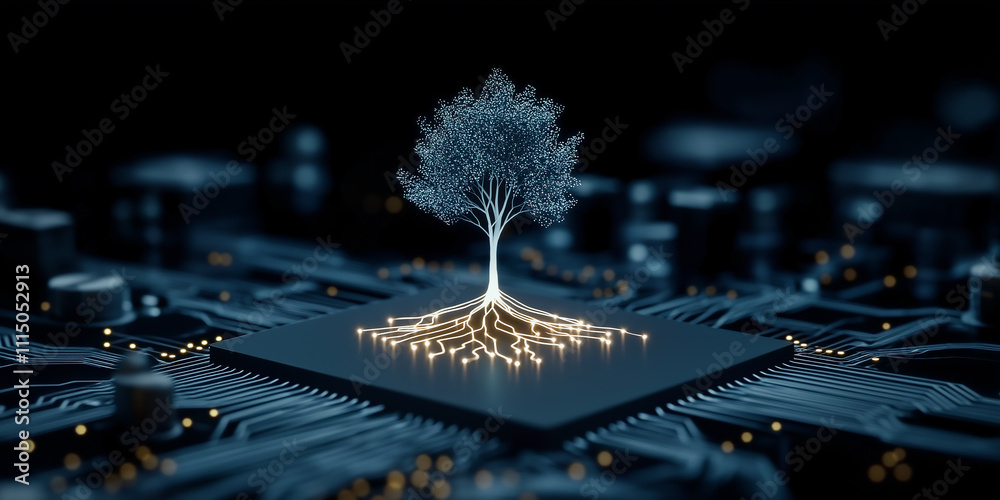 Poster Glowing tree growing from microchip symbolizing artificial intelligence and nature