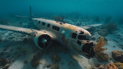 Fototapeta premium Old crashed plane wreckage lying on the seabed