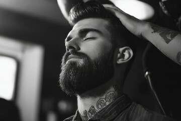 A man with a beard and tattoos receives a haircut and styling in a barber shop.
