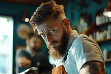 A serious looking male barber with a beard and tattoos  working in his shop.