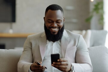 A smiling Black man in a suit sits on a couch  happily using his smartphone and credit card.