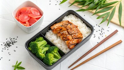 Minimalist bento box with teriyaki chicken and vegetables