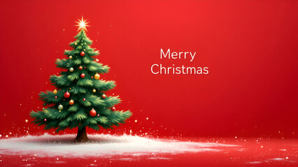 Merry Christmas and Happy New Year background. Christmas tree with star and box of gifts strewn with snow on red background, realistic 3d decorative garland glow. Xmas Decorations.