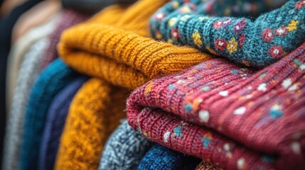 Fototapeta premium A close-up of neatly folded colorful sweaters showcasing various patterns and textures.
