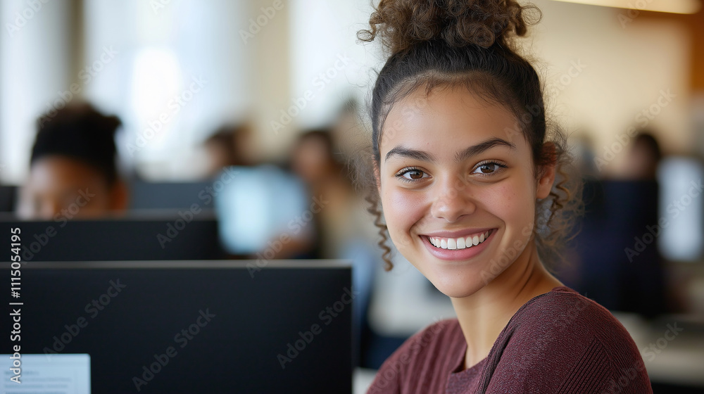 Poster Smiling student working on computer science project in university library