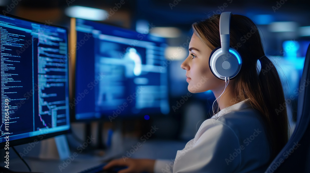Poster Software developer working on computer in headphones at night in data center