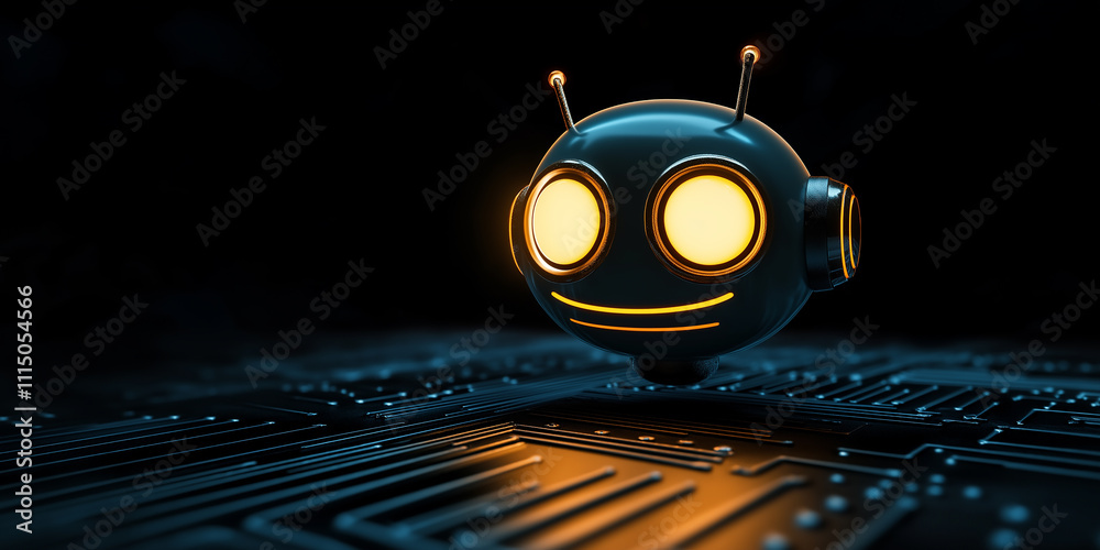 Poster cute robot floating over motherboard, artificial intelligence concept