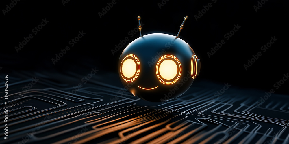 Poster Cute robot floating over motherboard is exploring artificial intelligence