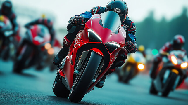 Professional motorcycle racer leading the race on a red ducati panigale v4 s
