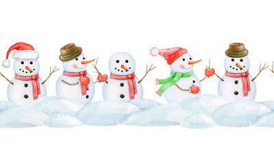 Cute funny snowmen in snowdrifts seamless border decor element on white background. Hand drawn illustration traditional winter outdoor decoration. Perfect for winter season mood design