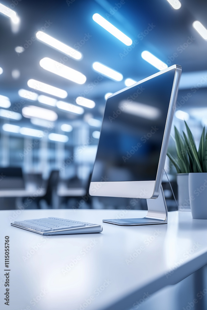 Poster Modern desktop computer displaying blank screen in contemporary office setting