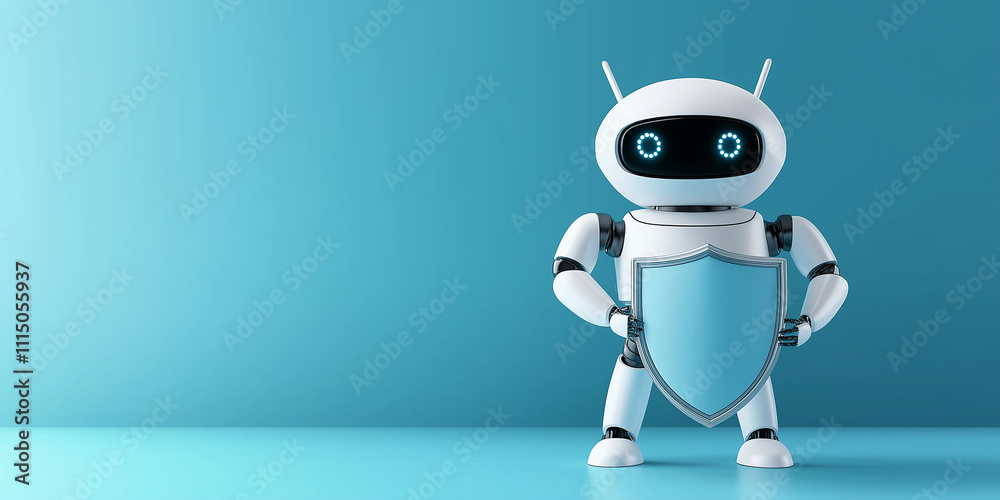 Poster white robot holding shield protecting data on blue background