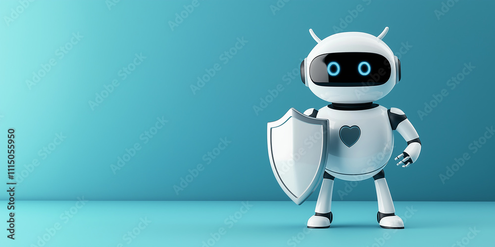 Poster white robot holding shield protecting data and information on blue background