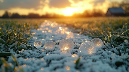 Fototapeta premium Hailstones litter the grass after a heavy storm, leaving a trail of ice and damage in their wake