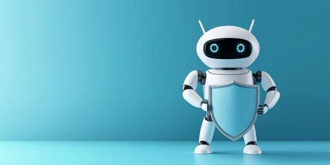 White robot holding shield protecting data on blue background