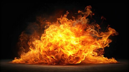 Obraz premium Explosive orange flame against black backdrop, fire, flames, explosion, vibrant, vivid, bright, hot, energy, dynamic, powerful