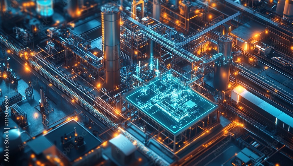 Poster exploring futuristic industrial complex: advanced technology and automation systems illuminate a mod