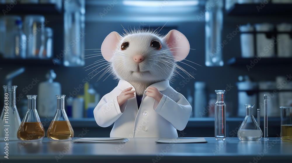 Poster lab mouse wearing lab coat adjusting his collar in laboratory setting
