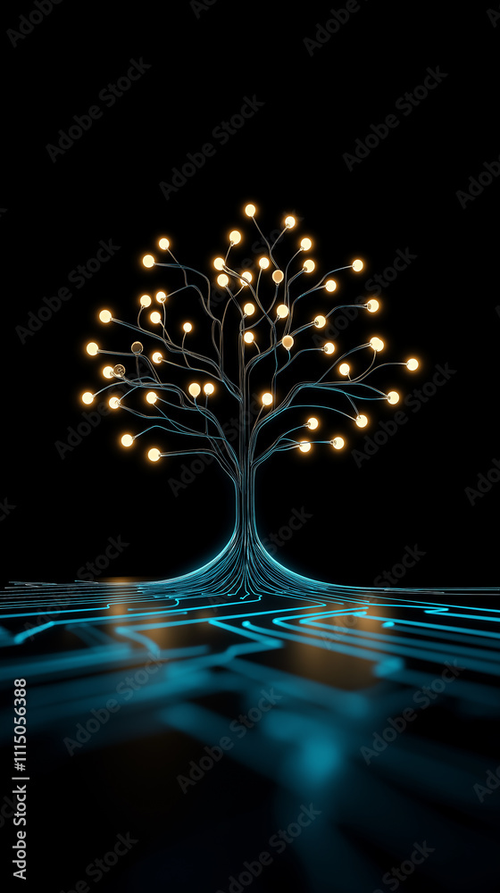 Poster glowing futuristic tree growing from circuit board reflecting on black background