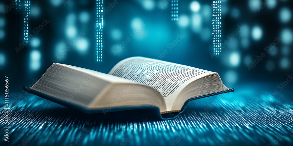 Poster Open book with futuristic digital binary code transforming learning