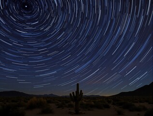 Fototapeta premium Star trails forming circular patterns above a desert landscape with a lone cactus, symbolizing the passage of time, perseverance, and the journey to achieve personal goals 