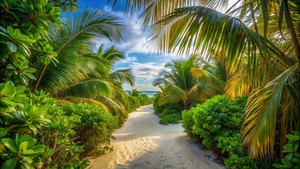 Lush tropical vegetation surrounds a serene sandy path, serene, sandy, path, lush, tropical, vegetation, peaceful, tranquil