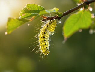 Close-up of a vibrant green caterpillar clinging to a leaf with dewdrops, illuminated by golden sunlight, symbolizing transformation, growth.
