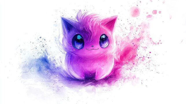 Cute and adorable baby Jigglypuff from Pok&Atilde;&copy;mon, white background, painted in watercolor style, ombre pink to purple color palette with sparkling 