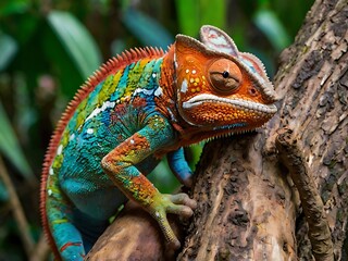 Vibrant Chameleon on a Tree Branch in Lush Foliage
