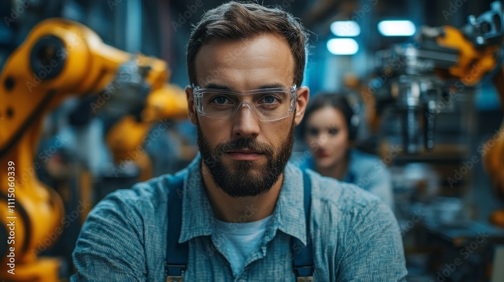 Poster beneath the soft glow of industrial lights, a focused engineer examines machinery while robotic arms